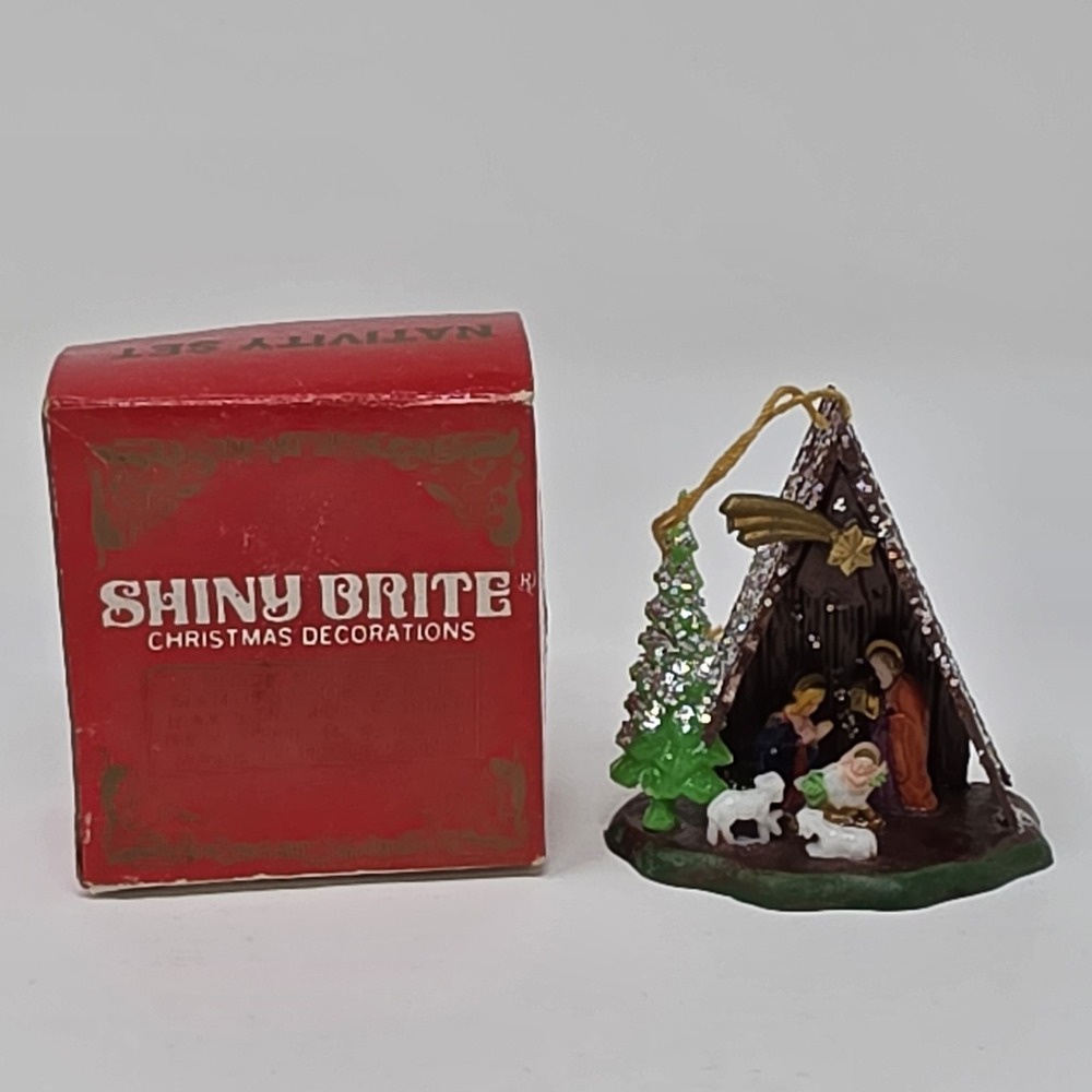 Vintage Shiny Brite Miniature Plastic Glitter Nativity Scene Ornament with Box
